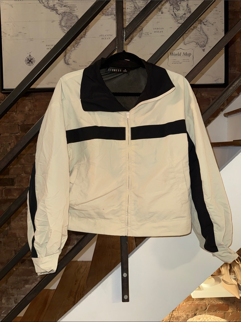 Lioness Cream and Black Zip-Up Bomber Jacket